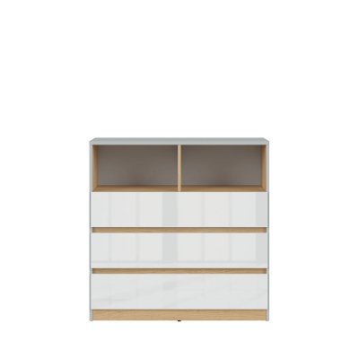 Commode NANDU gris clair/ chêne polonais/ blanc brillant 3 tiroirs 90x91x39 cm