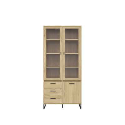 Bibliothèque vitrée RAMLA frêne 90x200x40 cm 3 portes 3 tiroirs