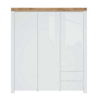 Garde robe HOLTEN blanc/ chêne Wotan/ blanc brillant 3 portes 2 tiroirs 181x204x57 cm