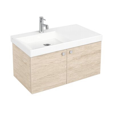 Pack Lavabo VISTA blanc 80x43 cm avec meuble travertin 2 portes poignées chromées